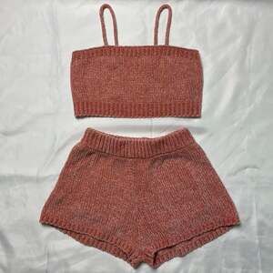Soft Rose Pink Chenille Knit Two-Piece Set — Crop Top and Shorts